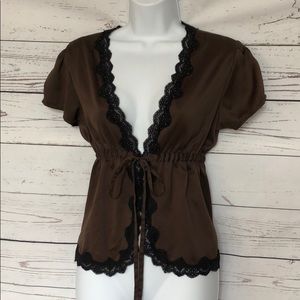 Brown Satiny Tie Top w/Black Lace Trim Sz M